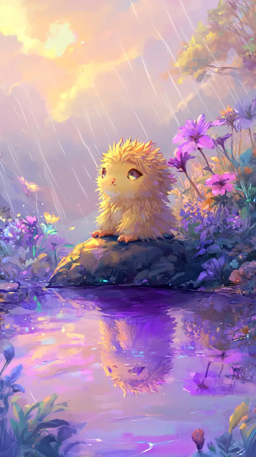 Cute yellow creature by a purple rain puddle