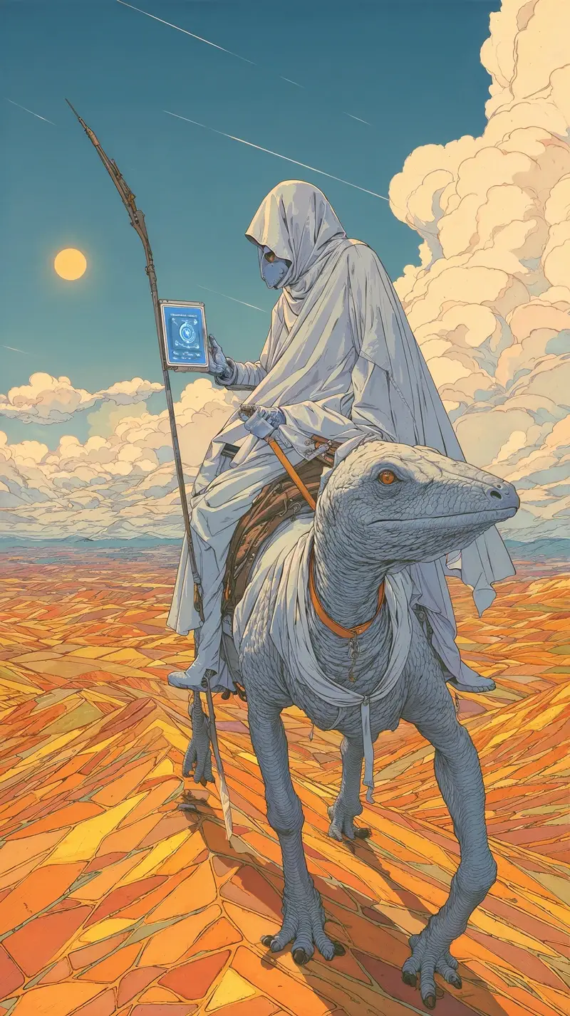 Hooded rider on serpentine beast across blazing wasteland