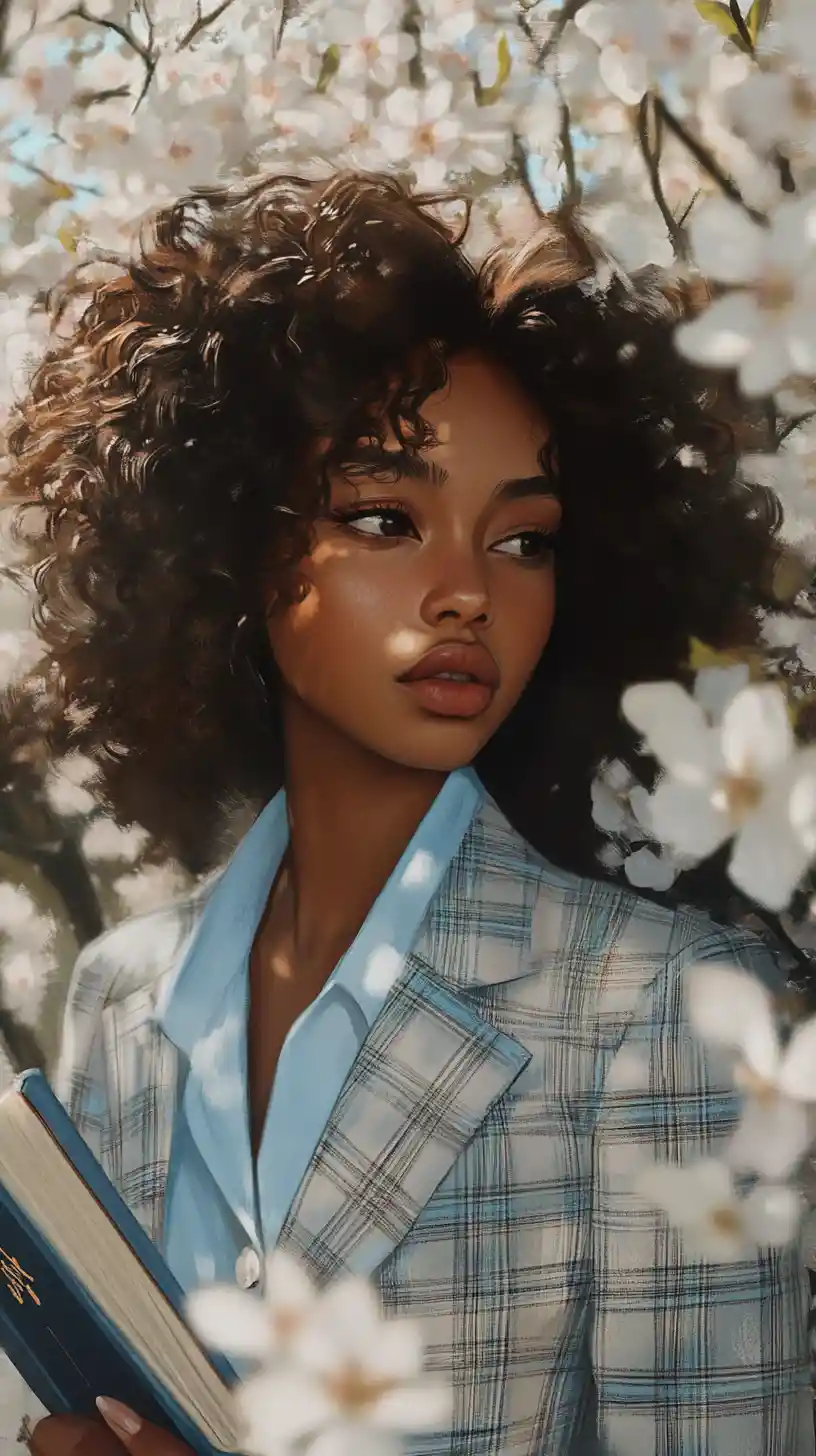 Thoughtful girl with book among soft white blossoms