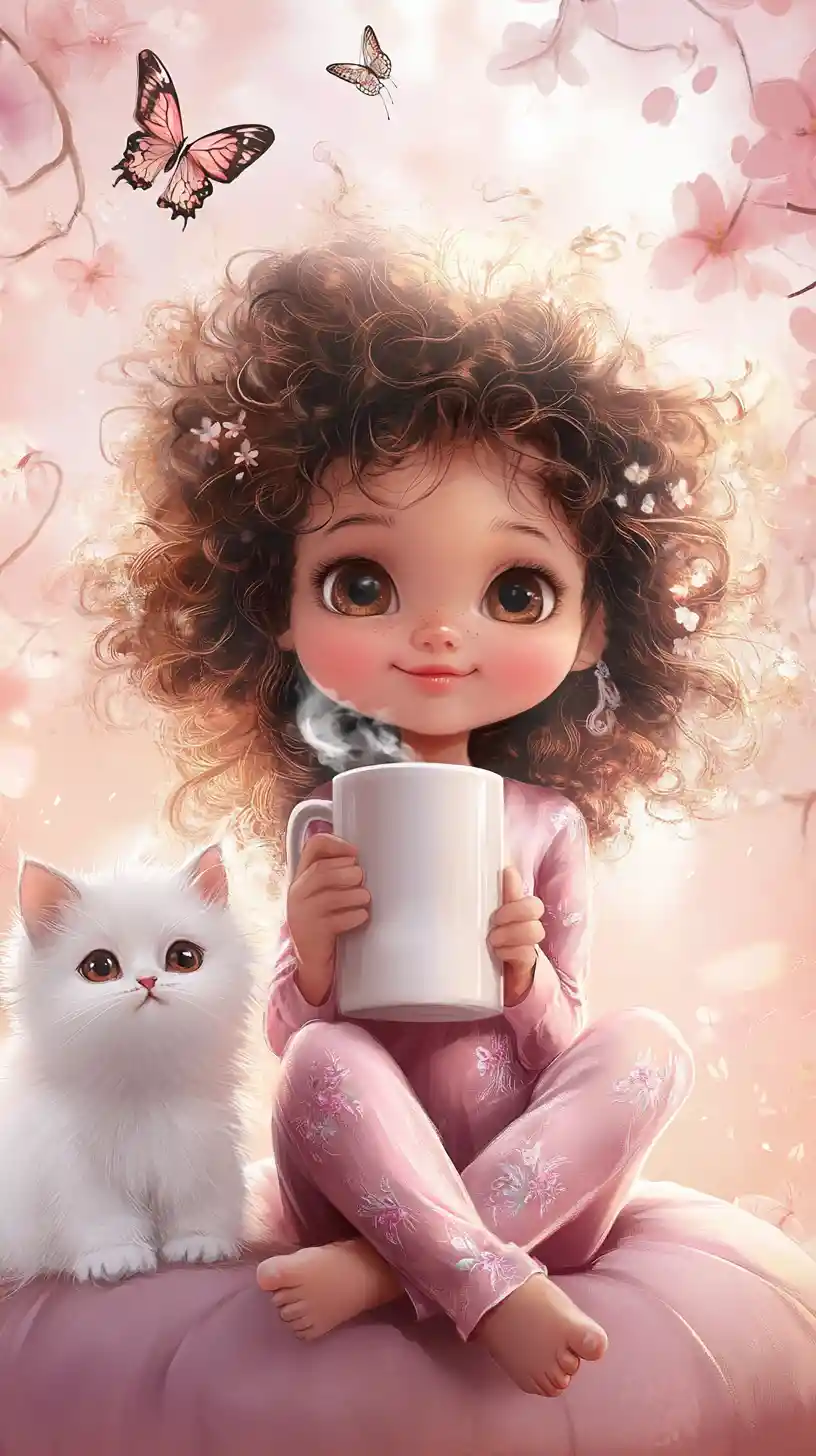 Sleepy curly haired girl on pouf with white kitten