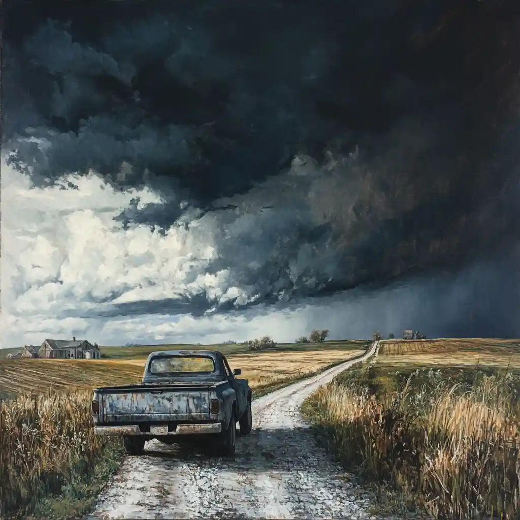 Pickup truck on rural gravel road under storm clouds
