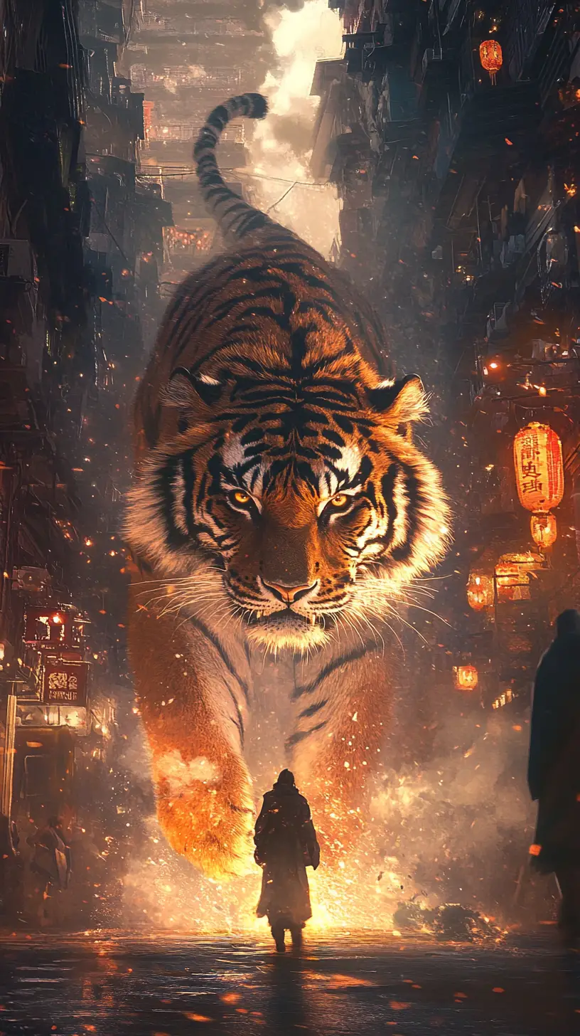 Person standing in a street at sunrise with a tiger