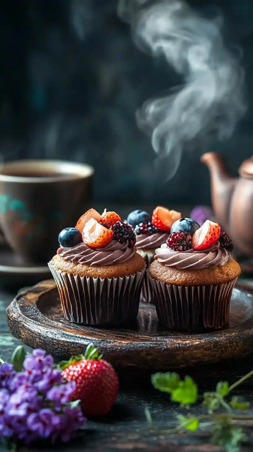 Cupcake artistici e tè su piatto rustico da tavolo