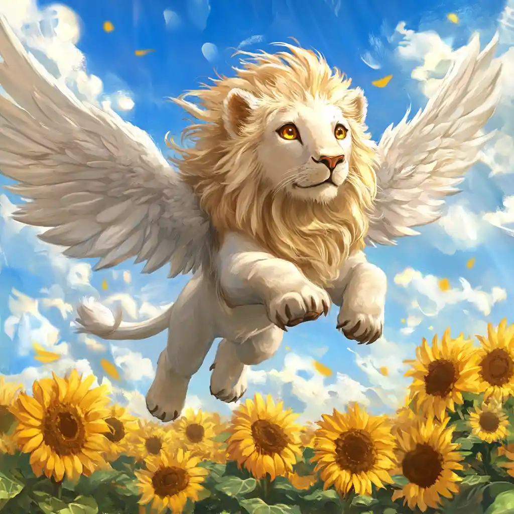 Winged ice lion flying over a blooming sunflower field
