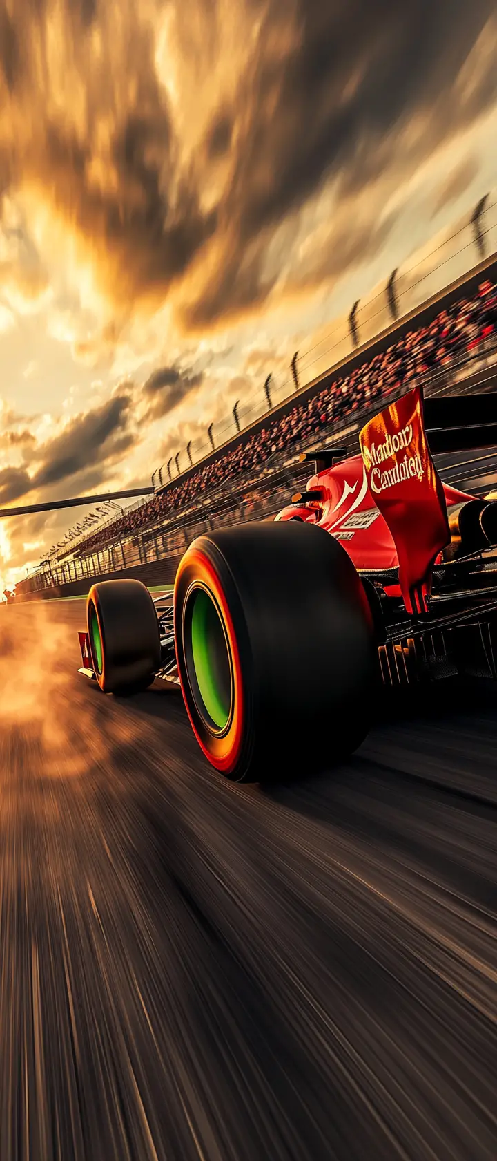 Red formula race car speeding head on at sunset