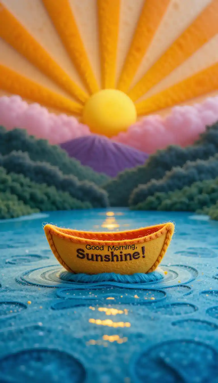 Handmade felt sunrise scene with colorful boat on water