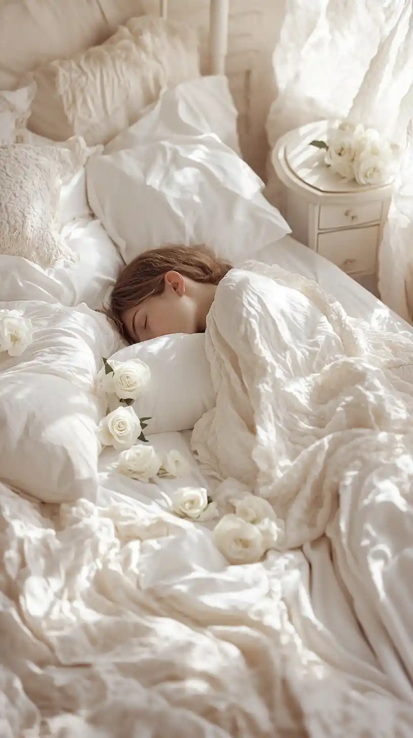 Mujer tranquila durmiendo en una cama blanca con rosas