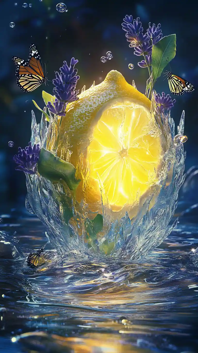 Glowing Ice Crystal Lemon Underwater With Butterflies