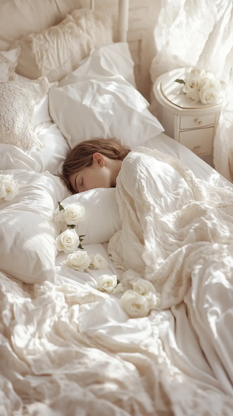 Mujer tranquila durmiendo en una cama blanca con rosas