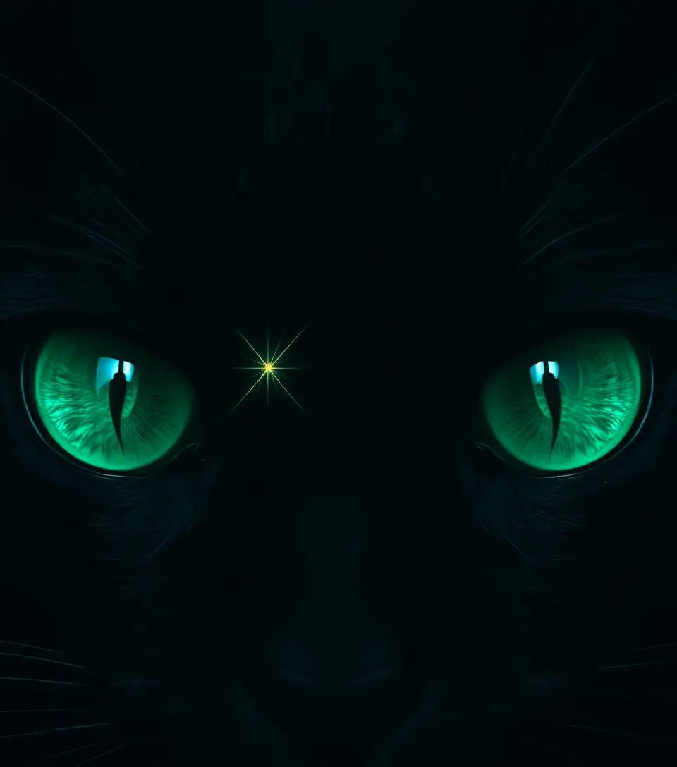 Close up of glowing emerald green cat eyes in darkness