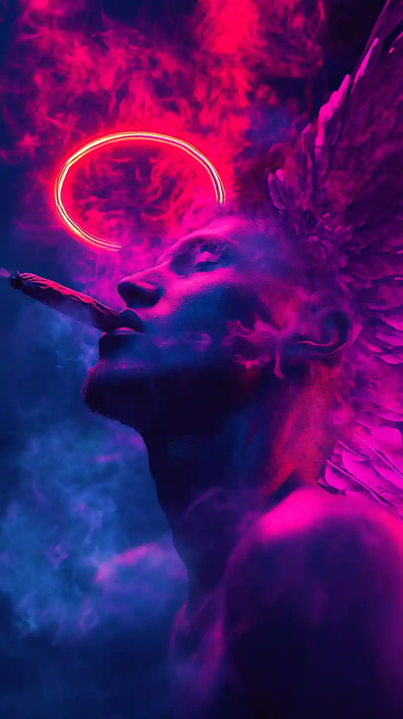 Man smoking with winged figure under neon halo
