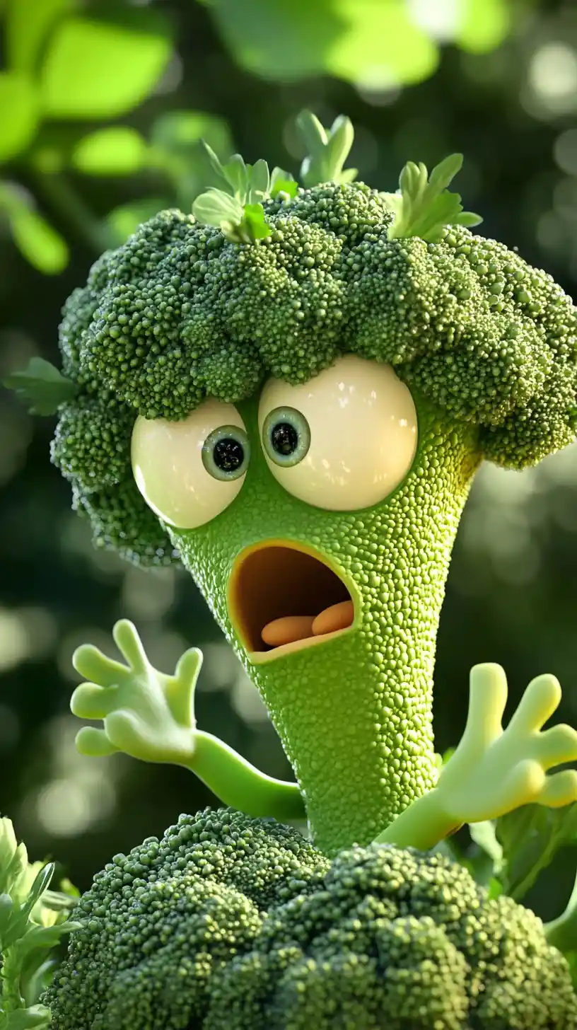 Cartoon broccoli floret with big eyes and scared expression