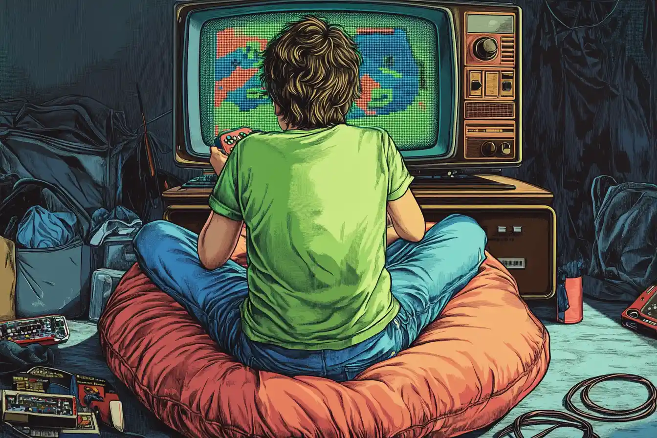 Teenage boy gaming on retro console in 1980s bedroom