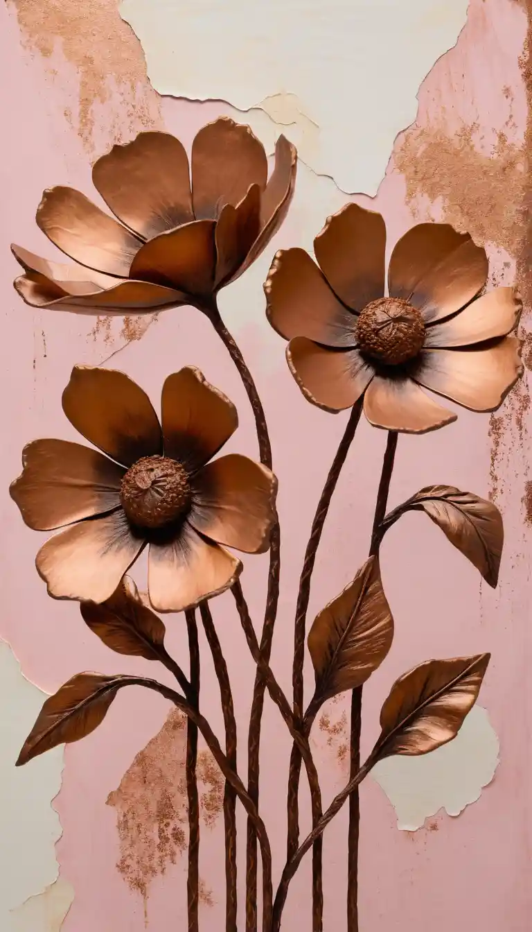 Scorched floral oil painting on textured abstract background