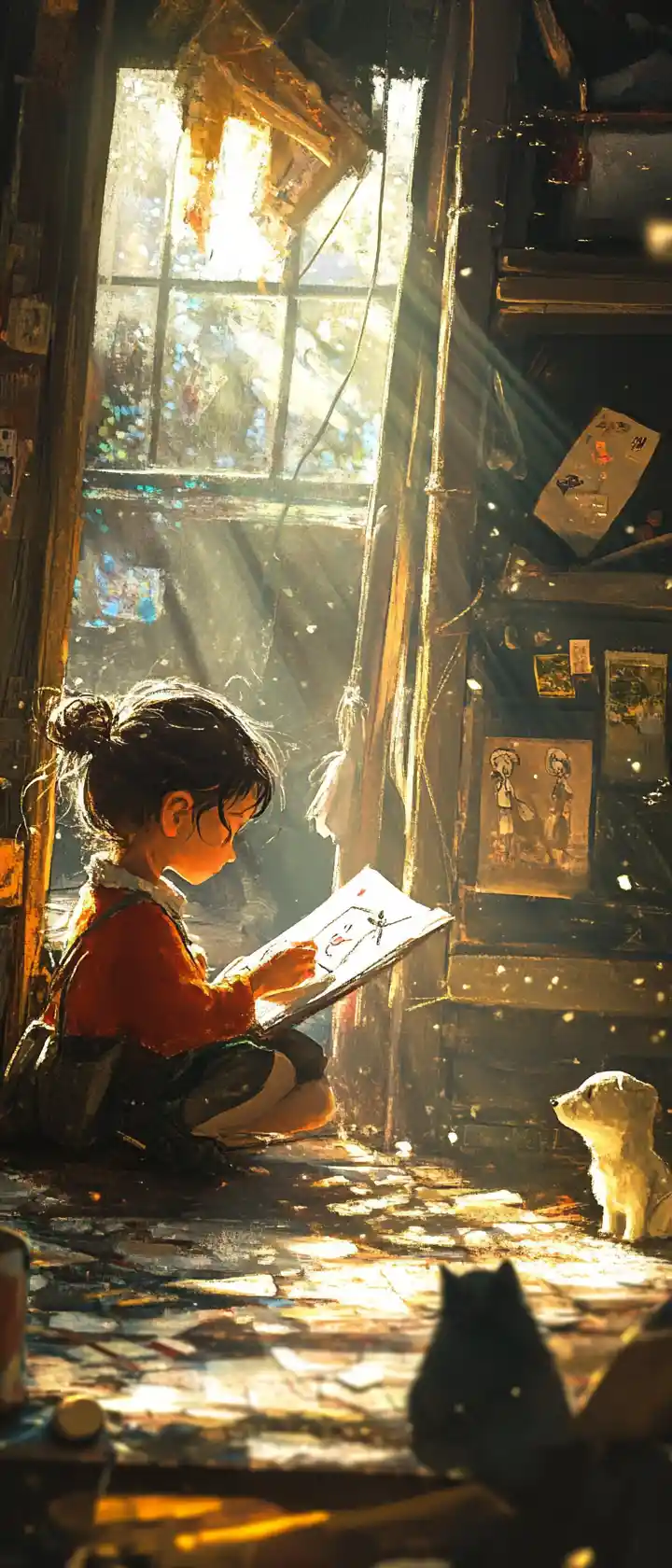 Young girl drawing memories in a sunlit attic