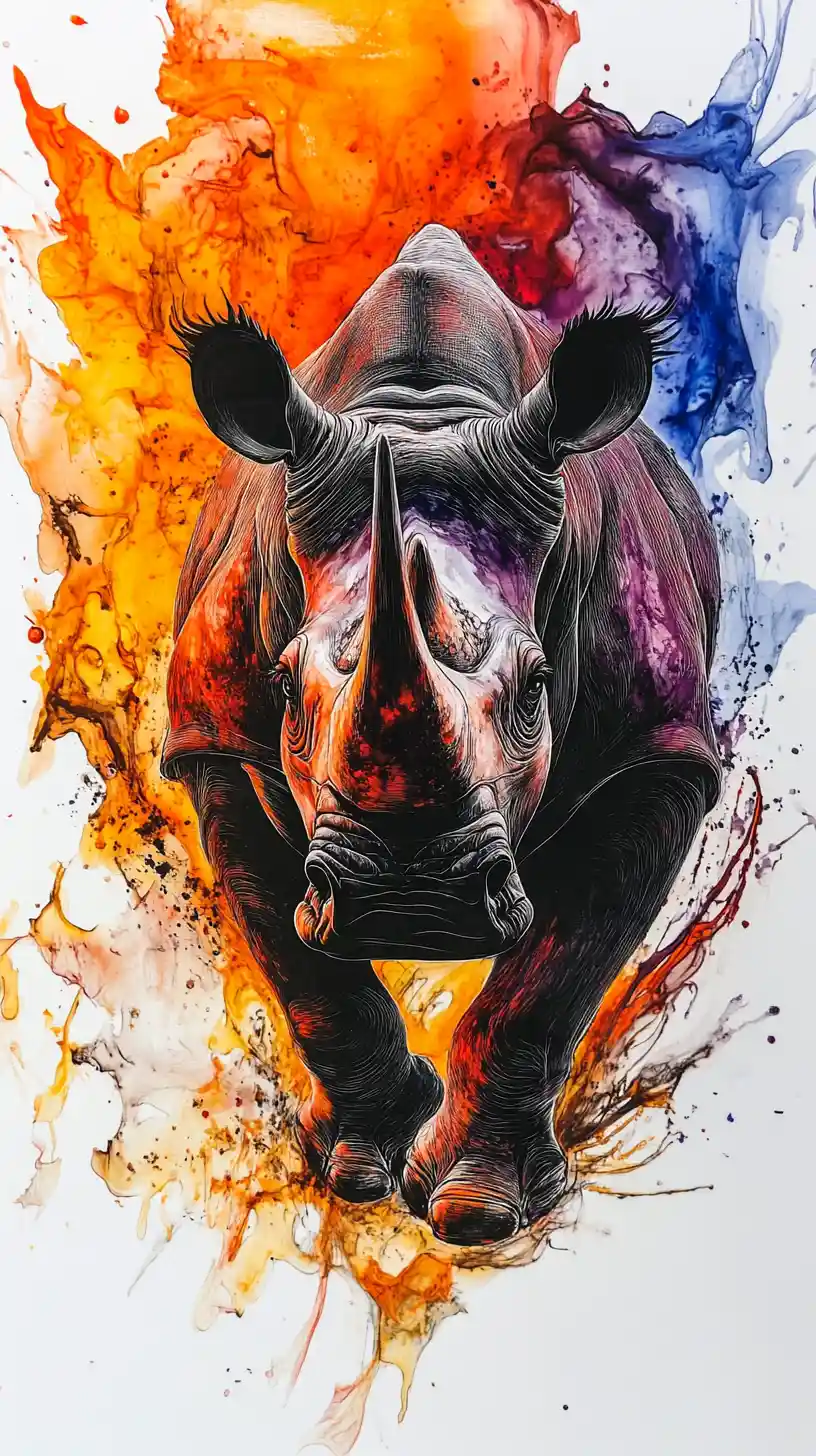 Abstract rhinoceros in dramatic black ink fine art