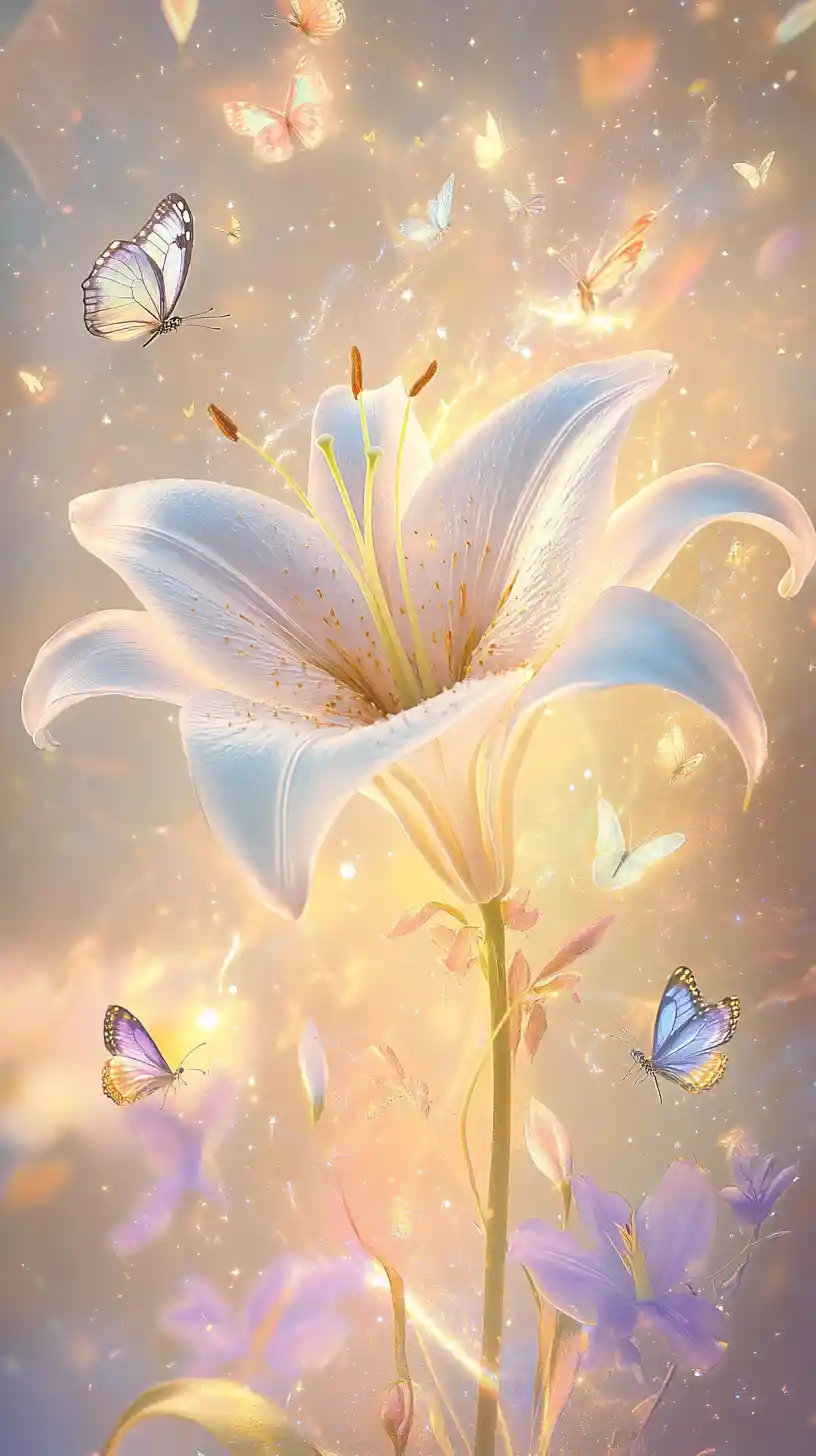 Giglio magico in fiore con luce brillante e farfalle