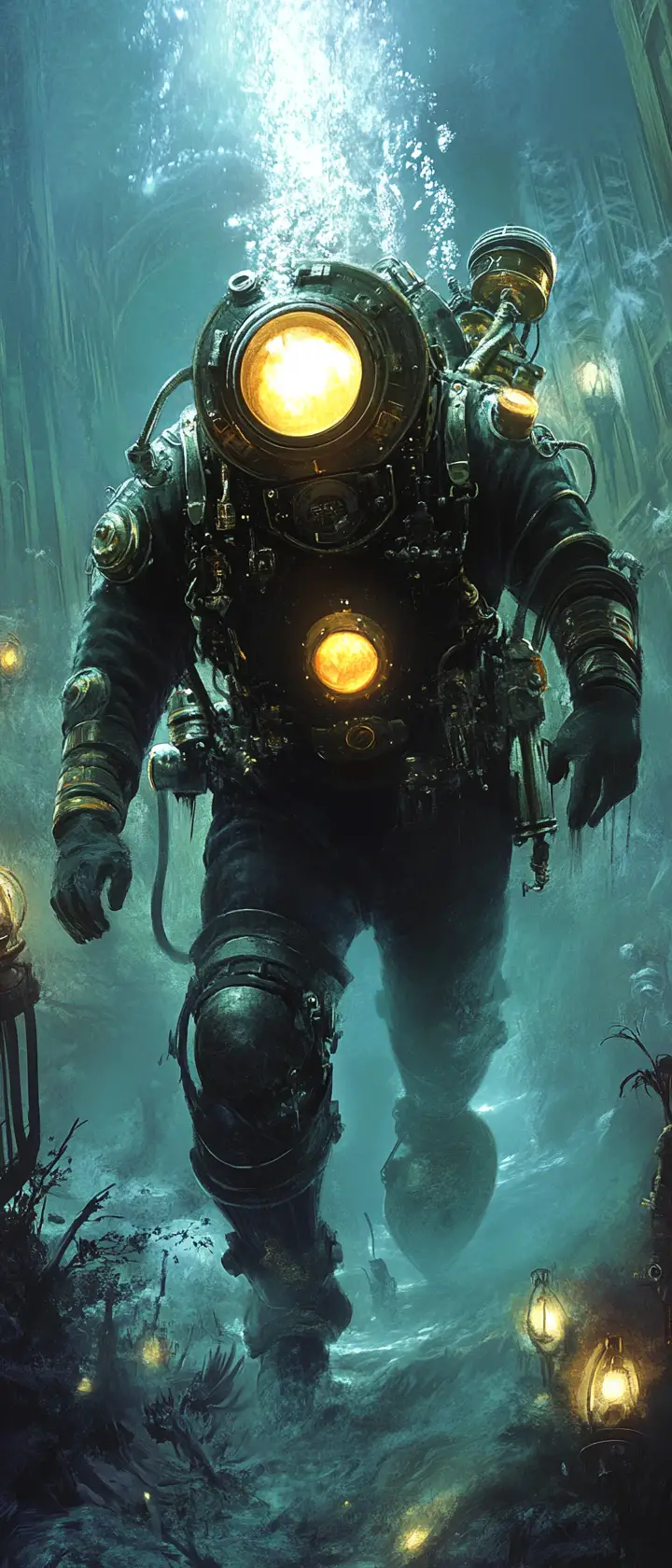 Steampunk deep sea diver discovering glowing underwater city