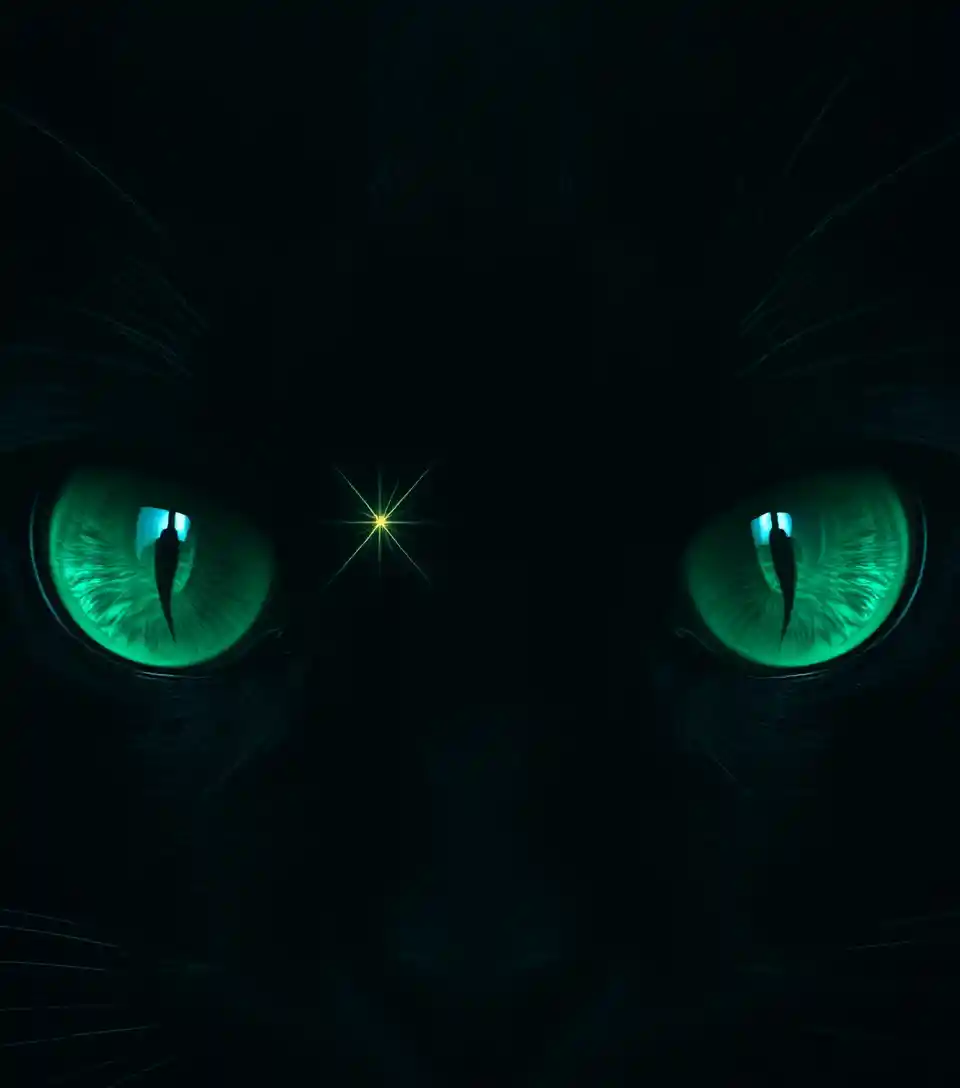 Gros plan sur des yeux de chat vert émeraude lumineux dans l’obscurité