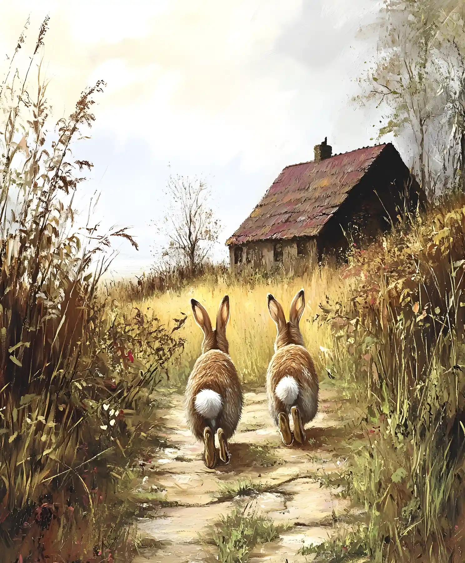 Two rabbits hopping along a rustic countryside path