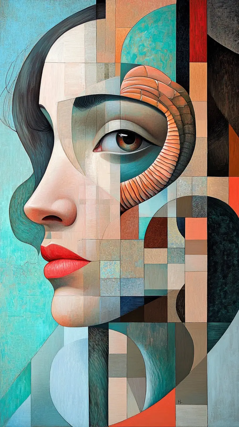 Surreal woman portrait fused with architecture and nautilus shell
