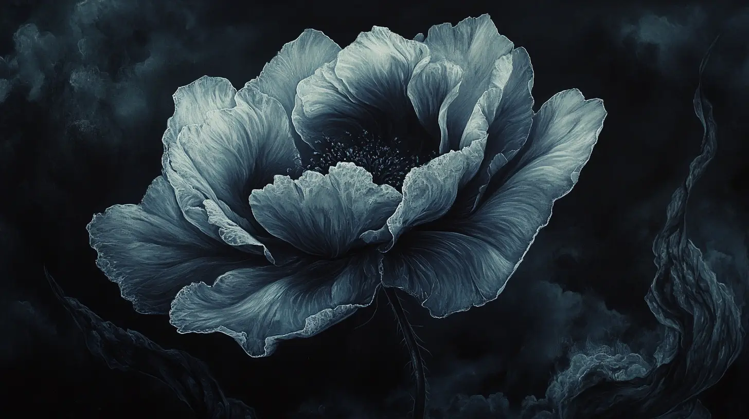 Solitary flower blooming in a surreal midnight watercolor landscape