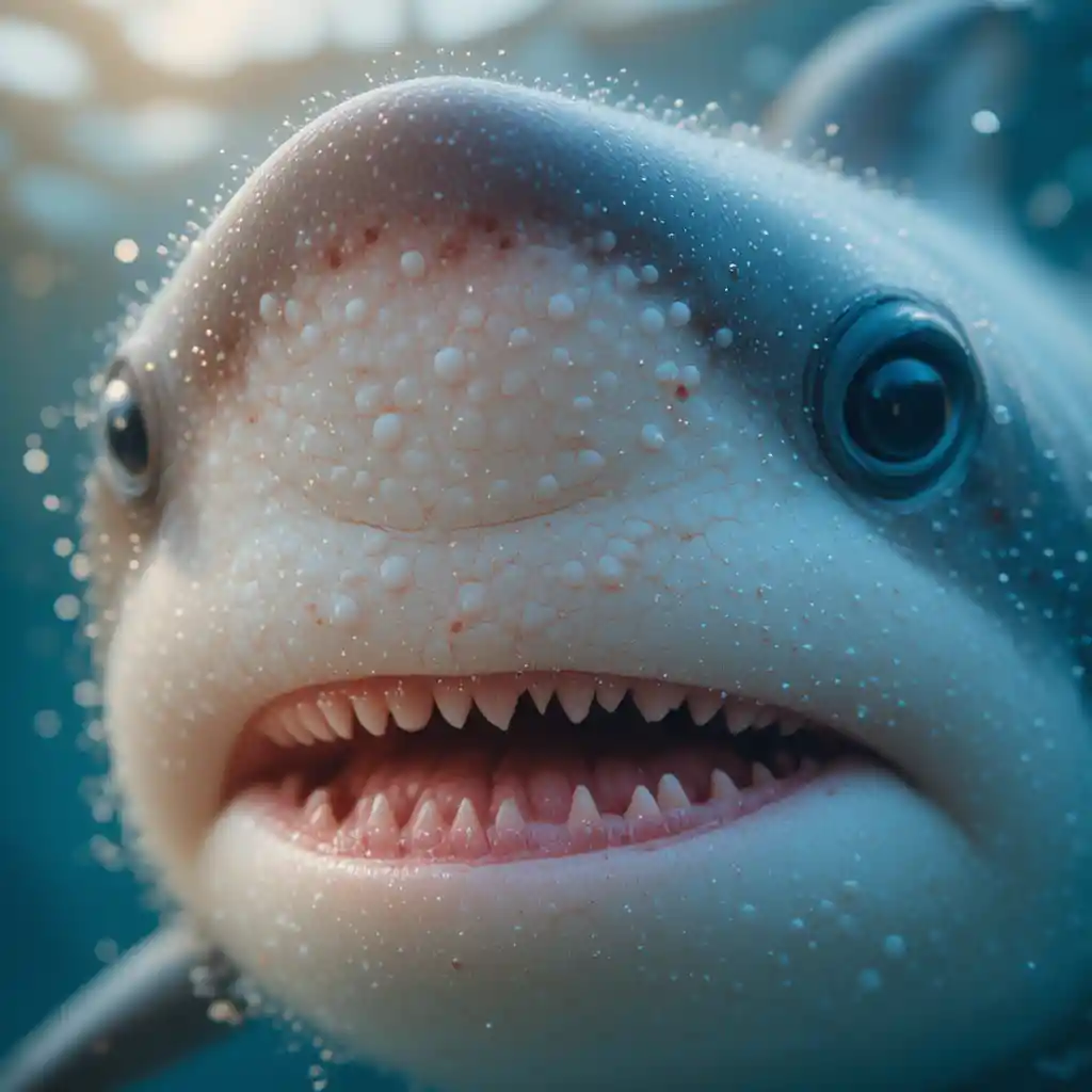 Extreme close up of a white shark in soft light