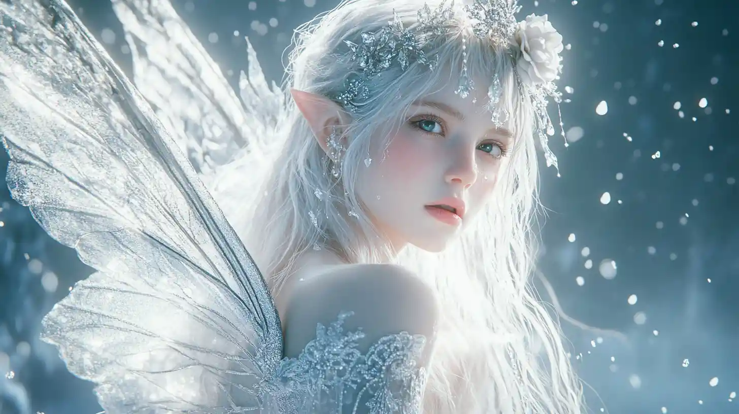 Celestial rain fairy woman floating in misty twilight sky