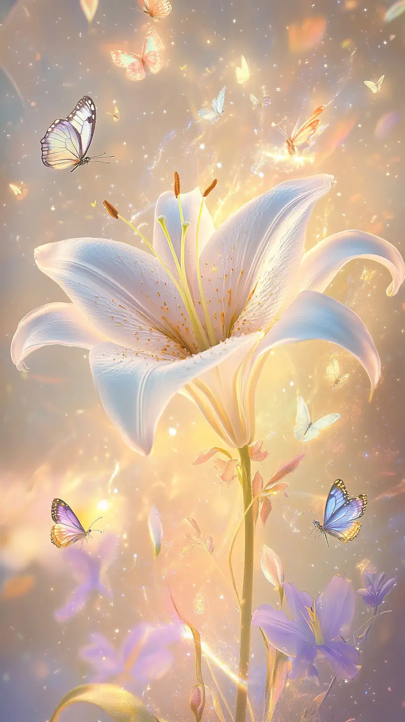 Magical lily blooming with glowing light and butterflies