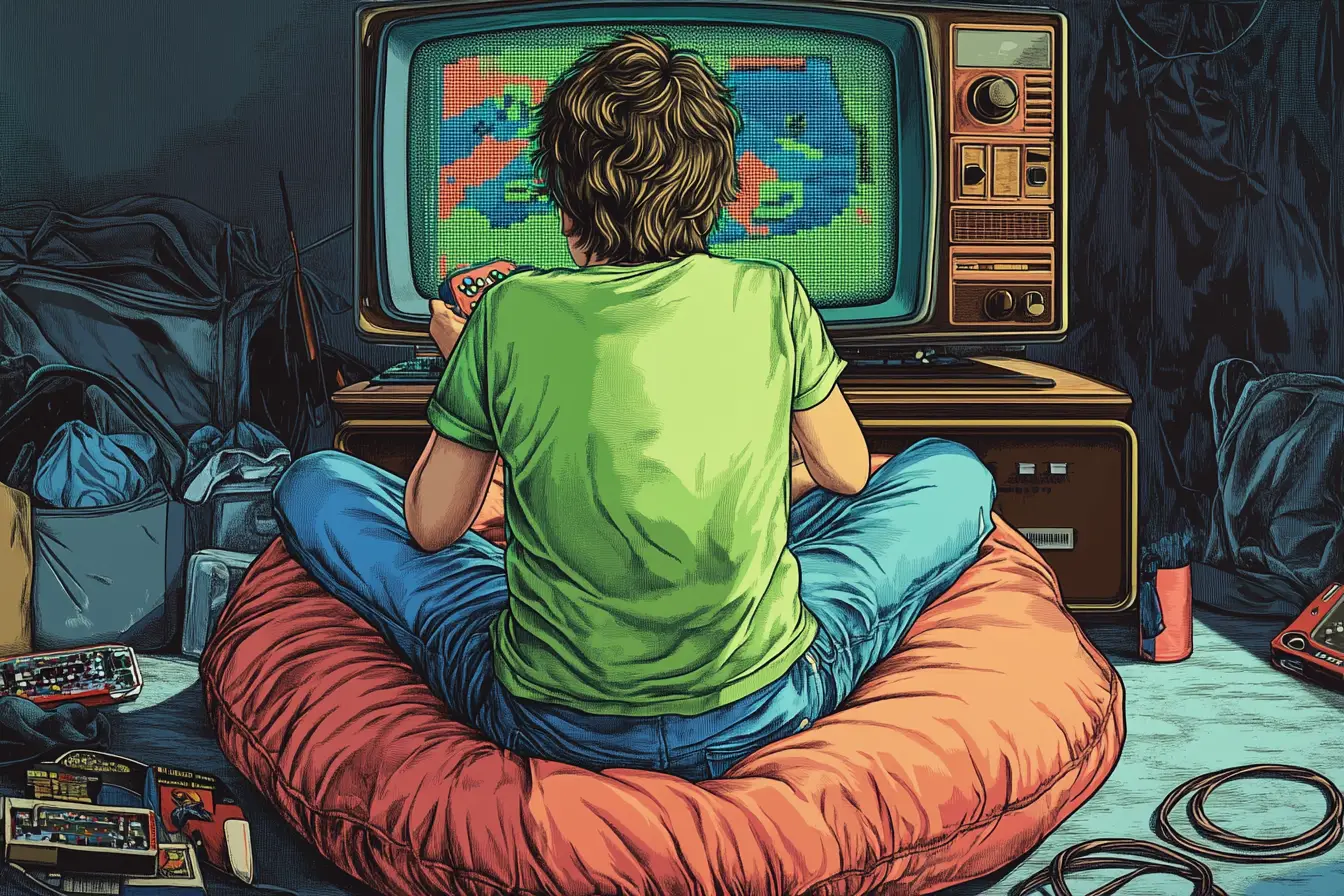 Teenage boy gaming on retro console in 1980s bedroom