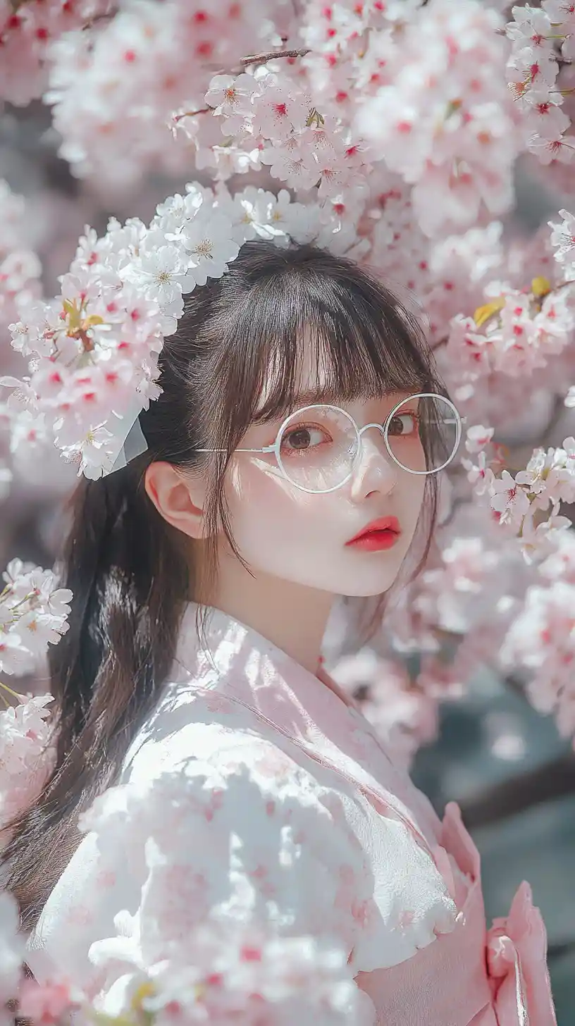 Anime maid girl in pink uniform under cherry blossoms