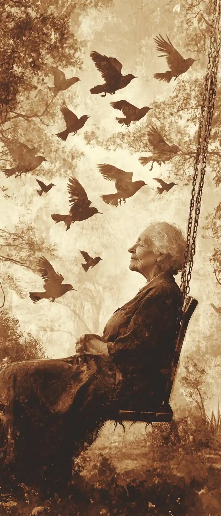 Elderly Woman On A Swing Surrounded By Gentle Memories