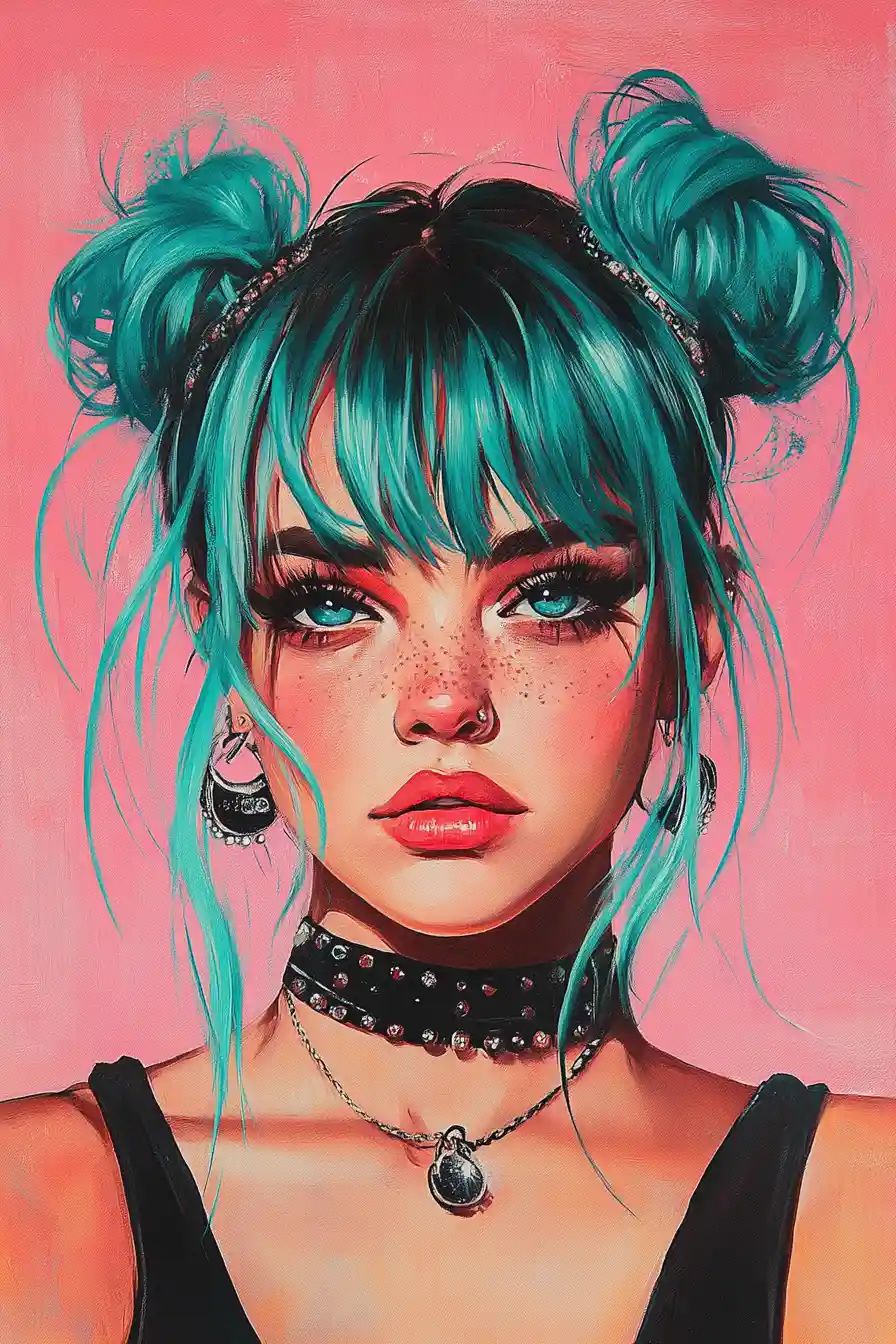 Young woman with teal hair portrait on pink background