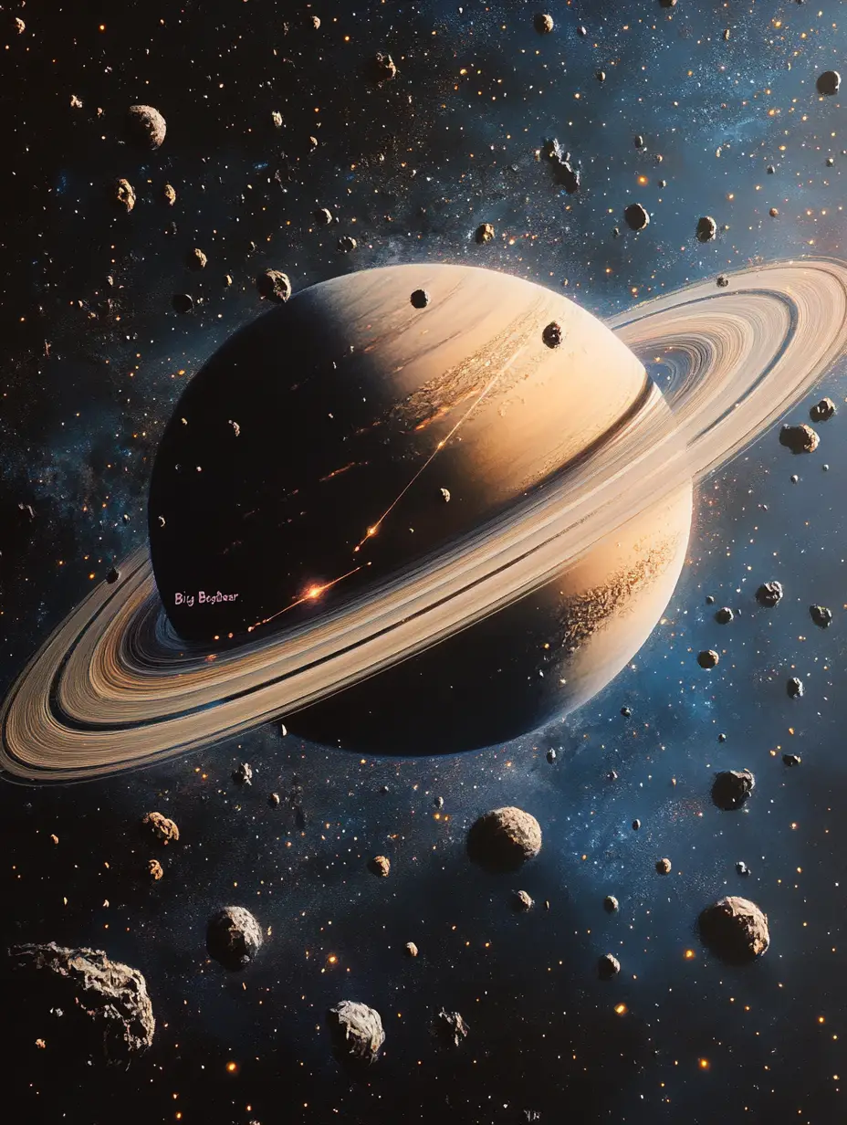 Majestic Saturn With Asteroid Rings In Deep Outer Space