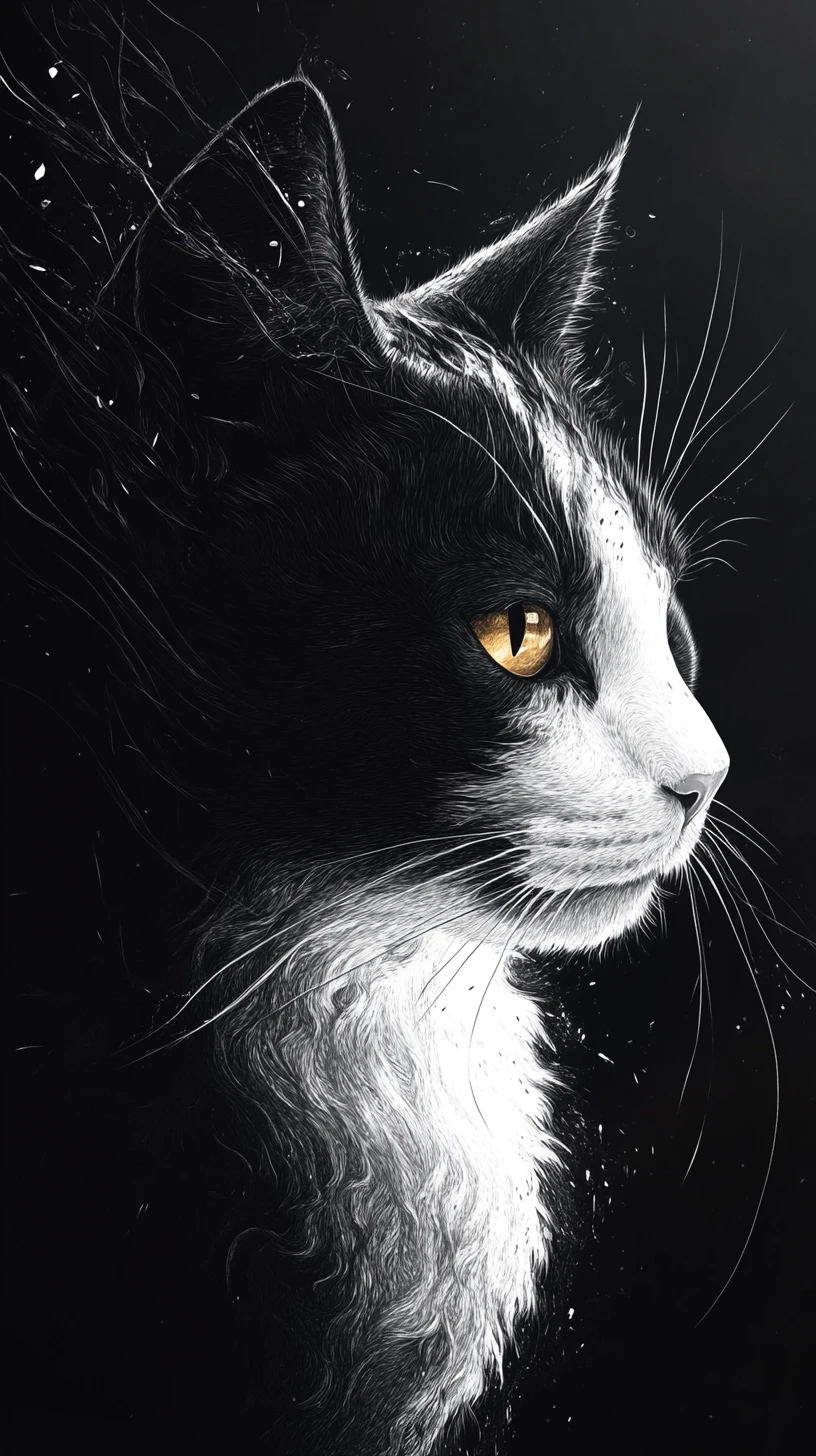 Retrato místico de gato dividido en dramático blanco y negro
