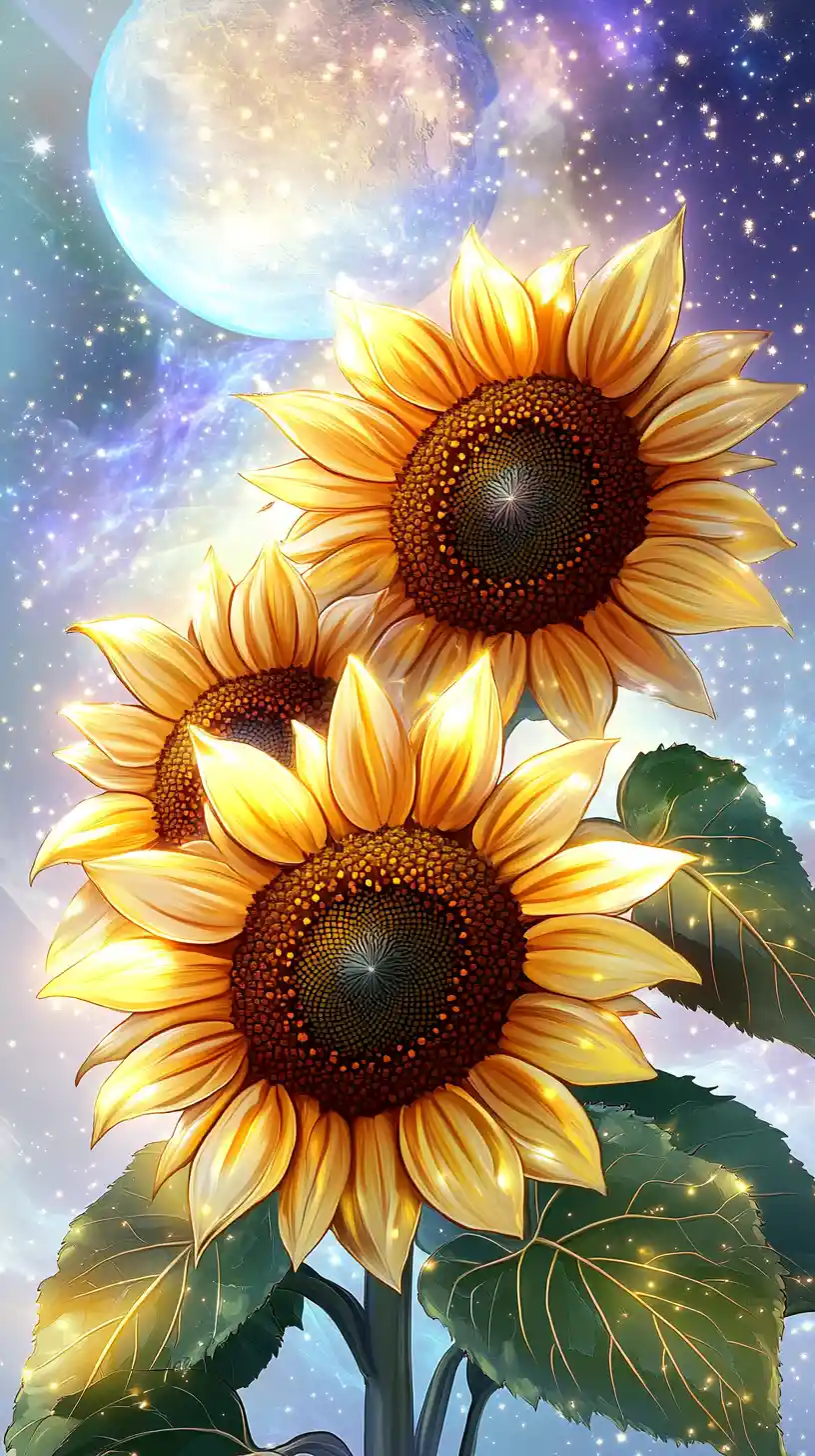 Girasoli Luminosi sotto un Cielo Notturno Cosmico