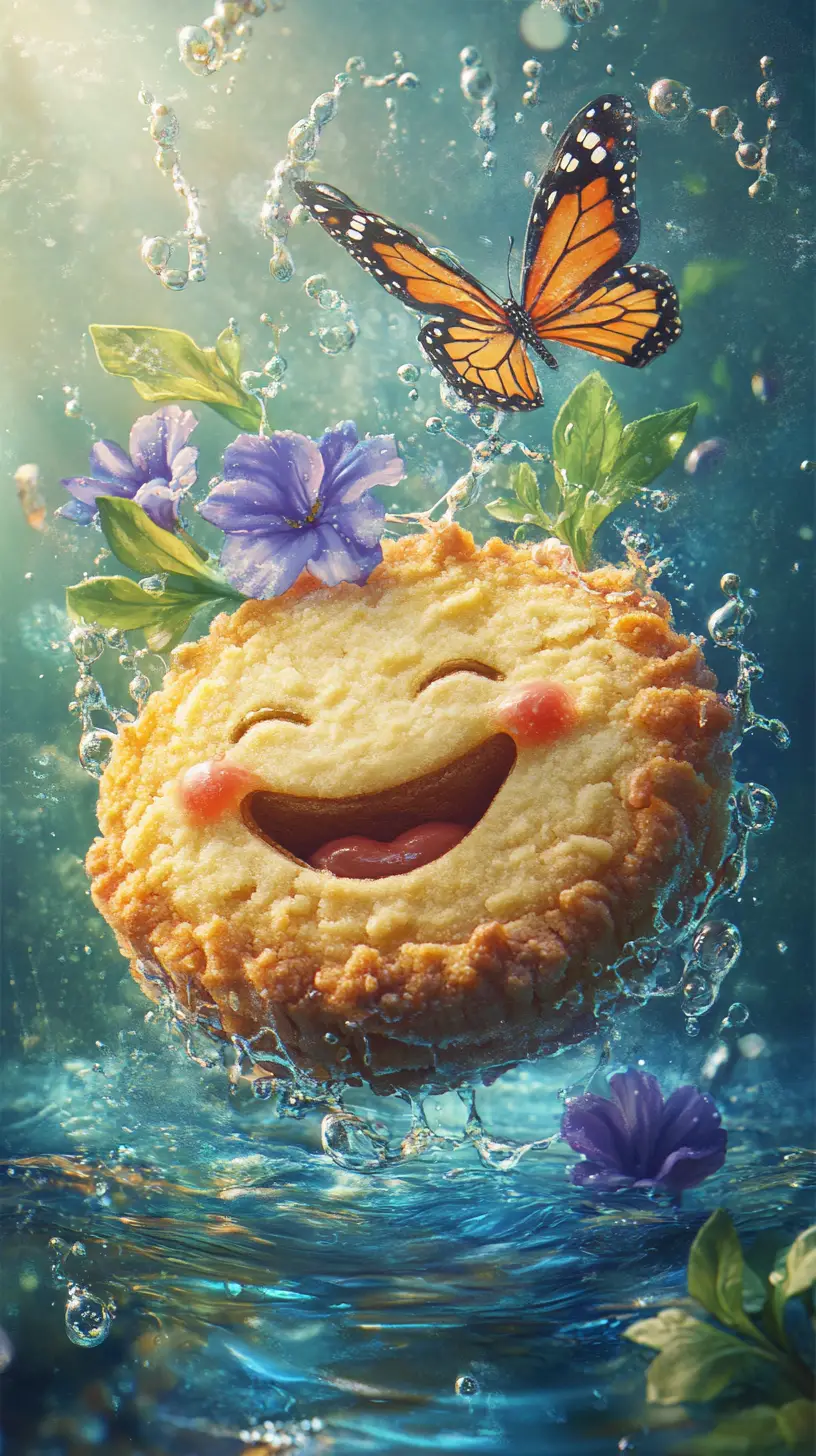Surreal laughing cookie underwater with flowers and butterfly