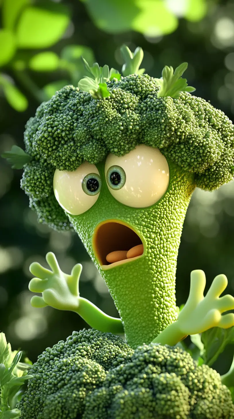 Bouquet de brocoli cartoon aux grands yeux et à l’expression effrayée