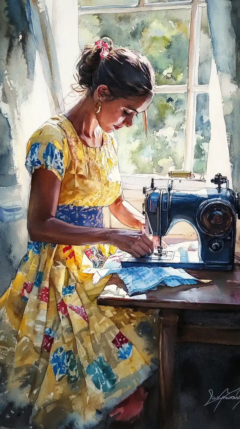 Woman sewing at vintage machine in warm watercolor light