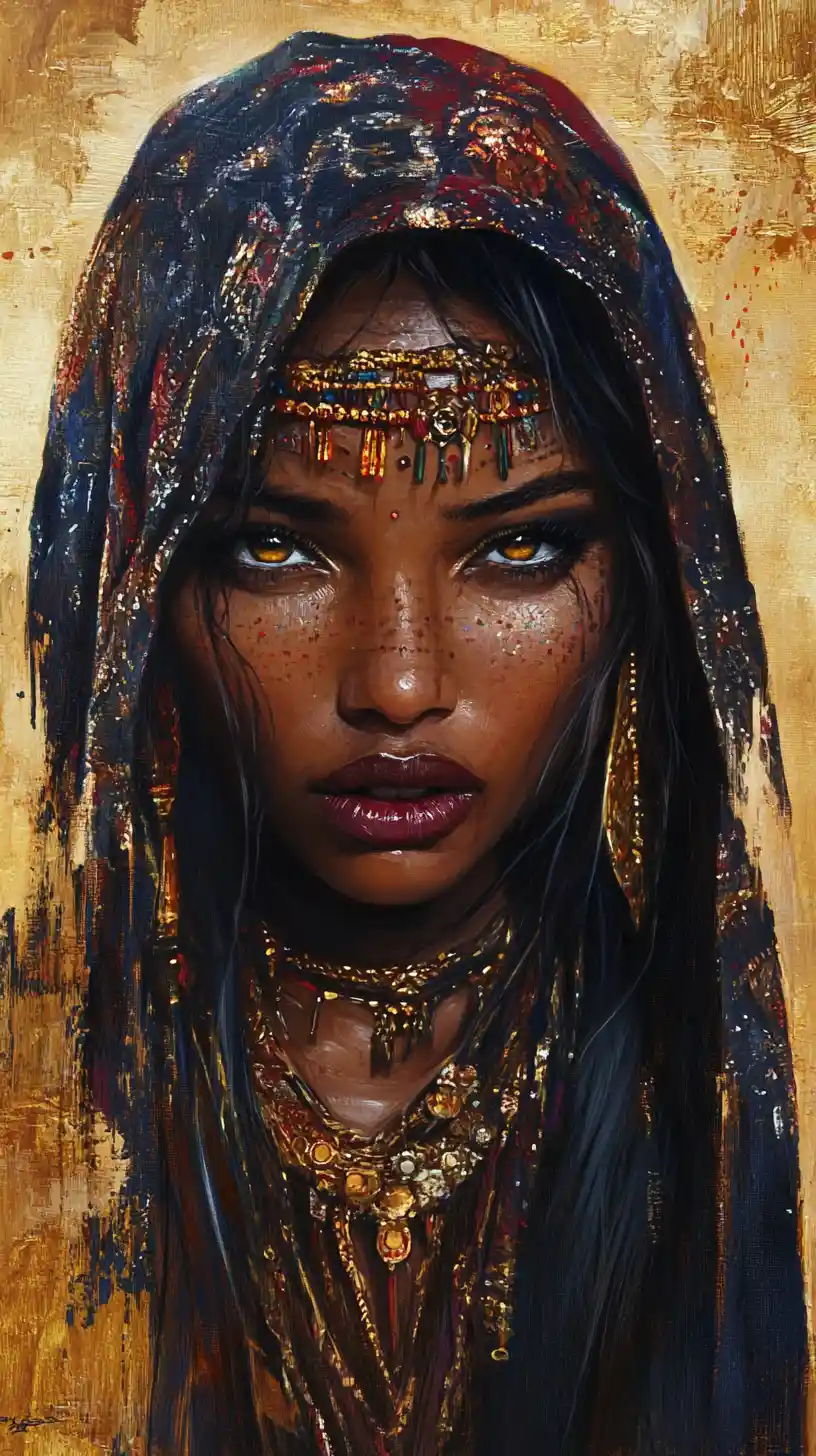 Tuareg warrior queen standing in a blazing golden landscape