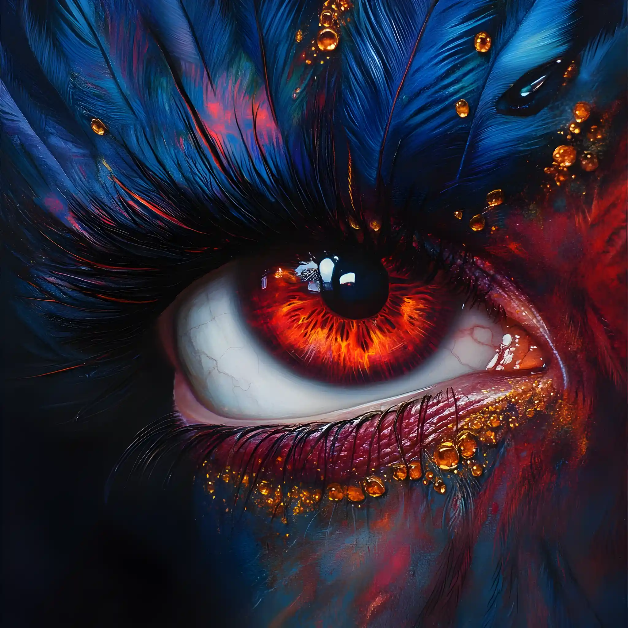 Surreal Close Up Eye With Ruby Iris And Feathers