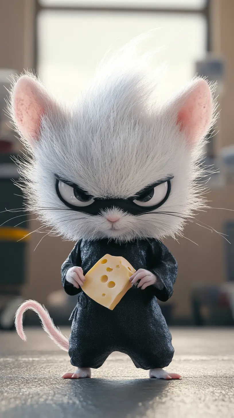 Devilish ninja mouse with cheese weapon in hospital room
