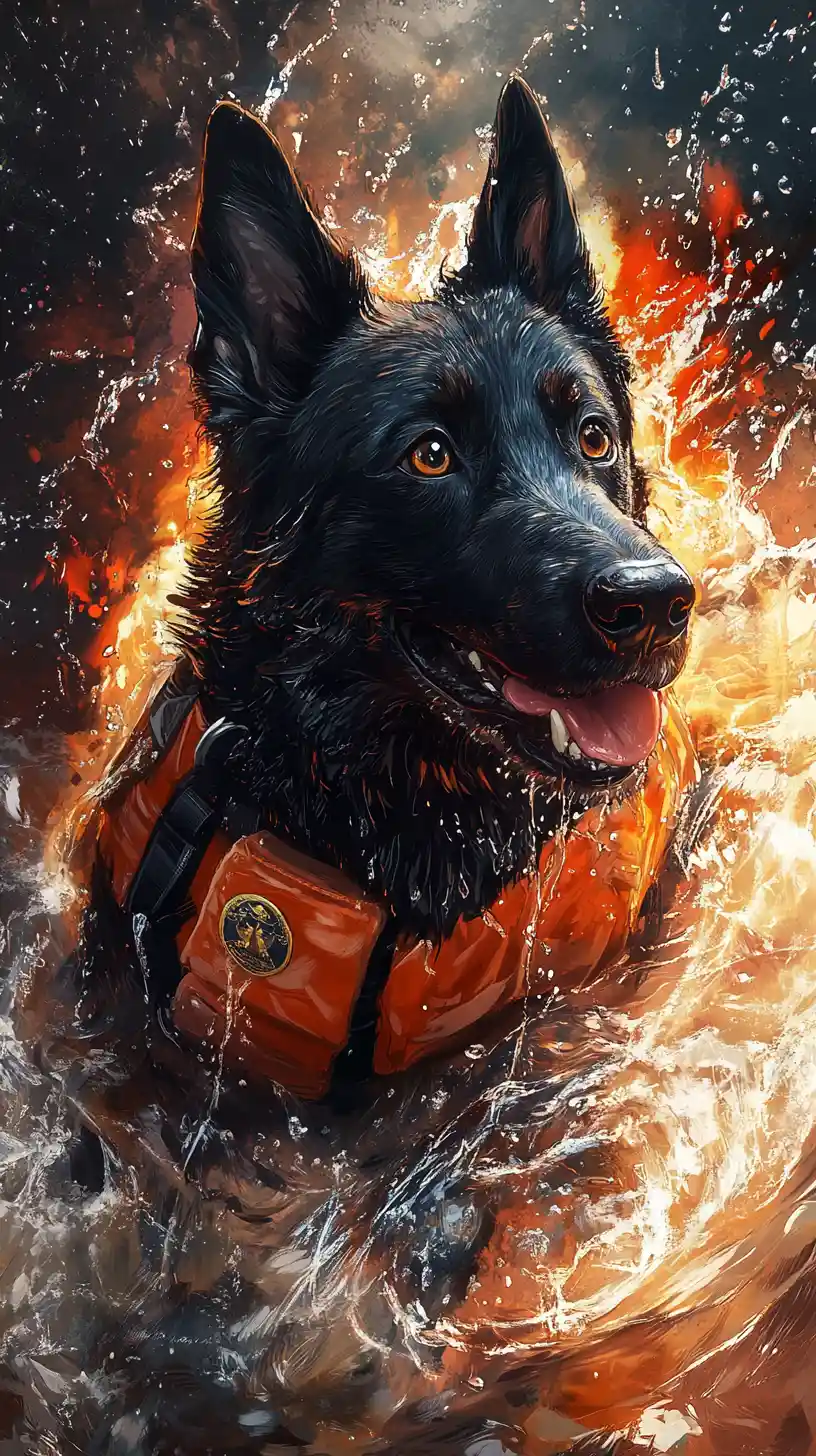 Dog spraying water like a firefighter on a summer day