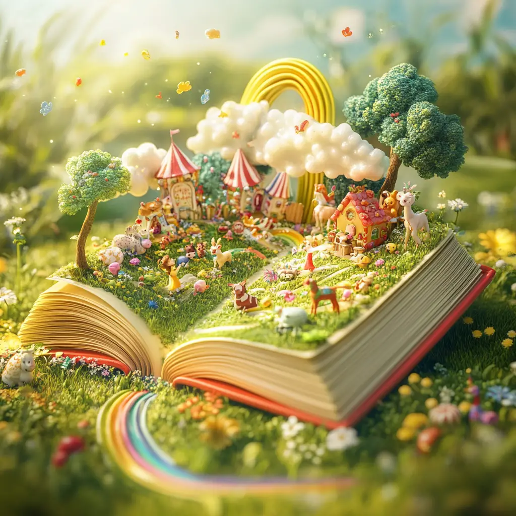 Child Reading A Giant Storybook In Sunny Meadow