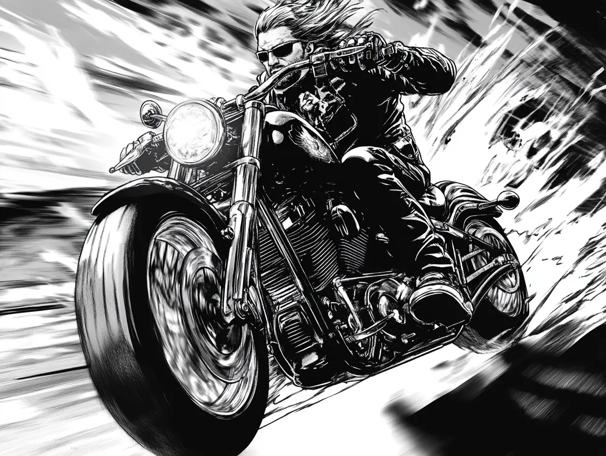 Side view of a biker racing on a powerful motorcycle