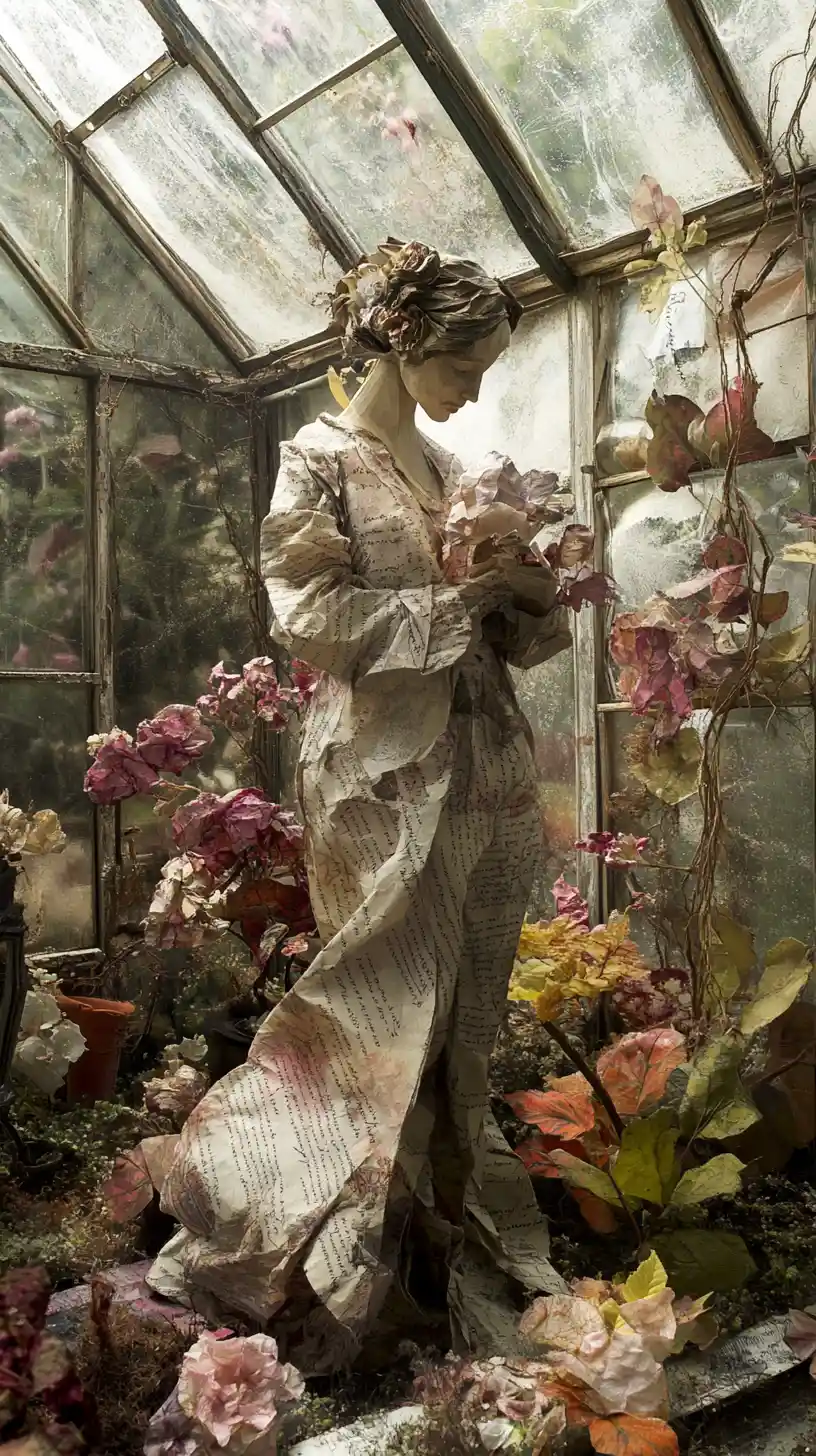 Botanist Tending Paper Flowers In A Fantastical Greenhouse