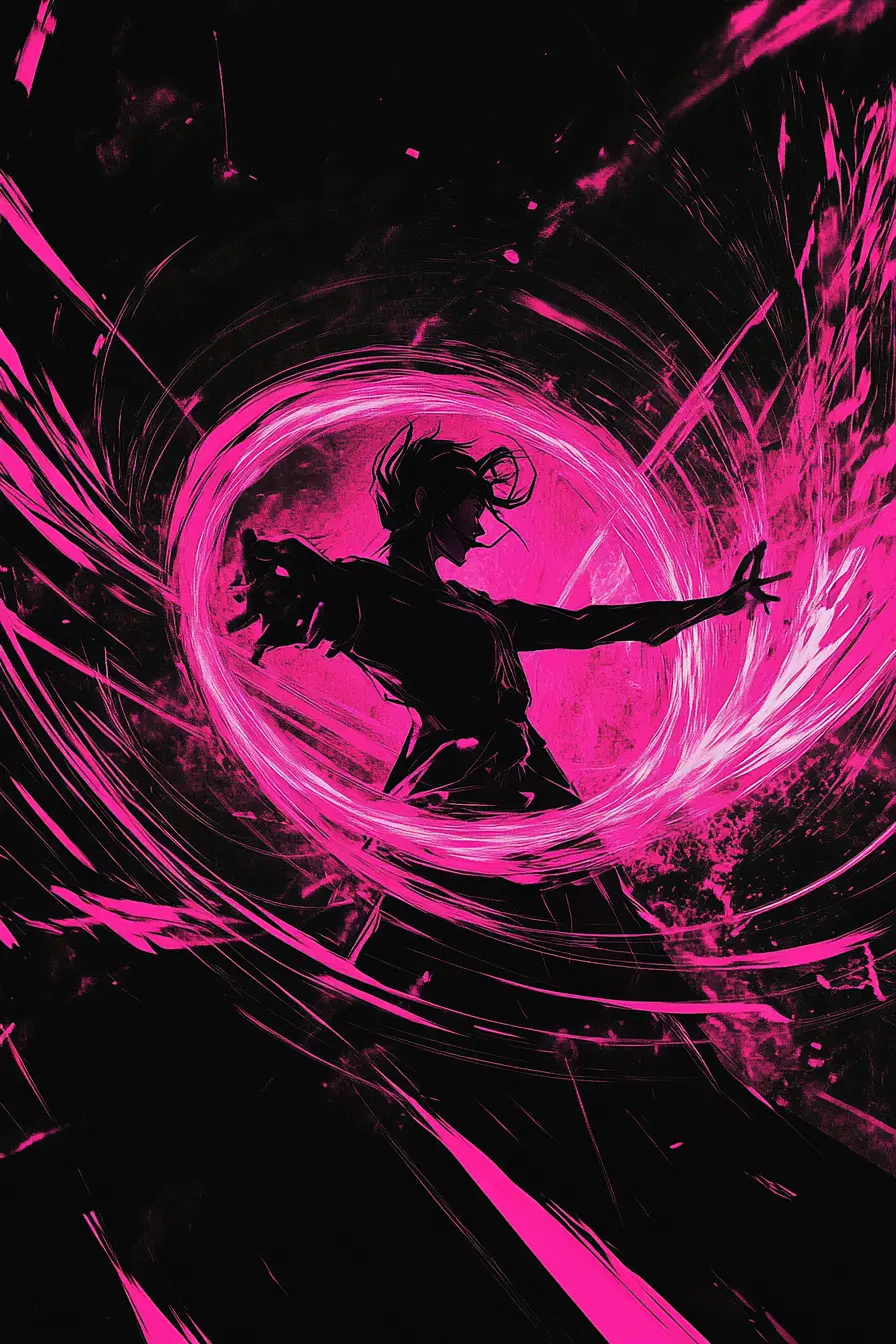Witch casting neon spell against black glitching void