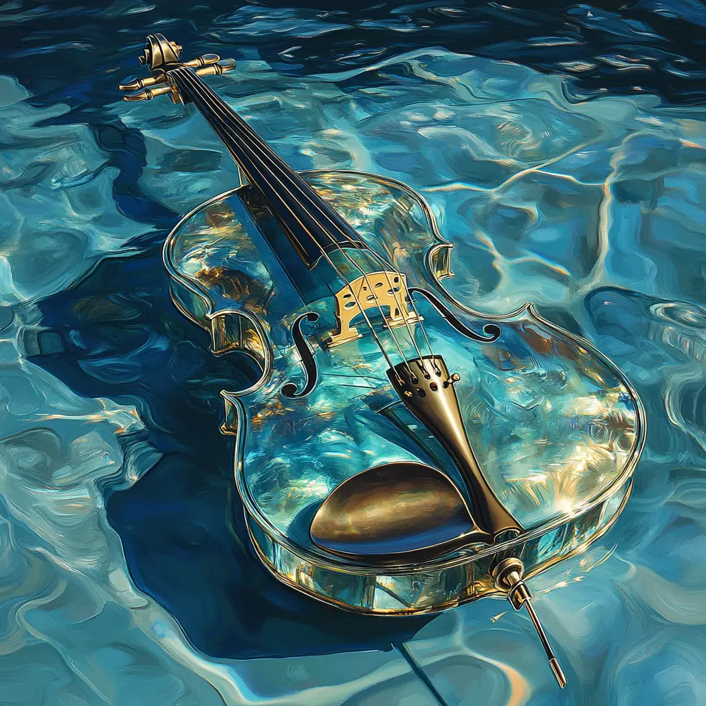 Translucent cello floating above rippling blue water