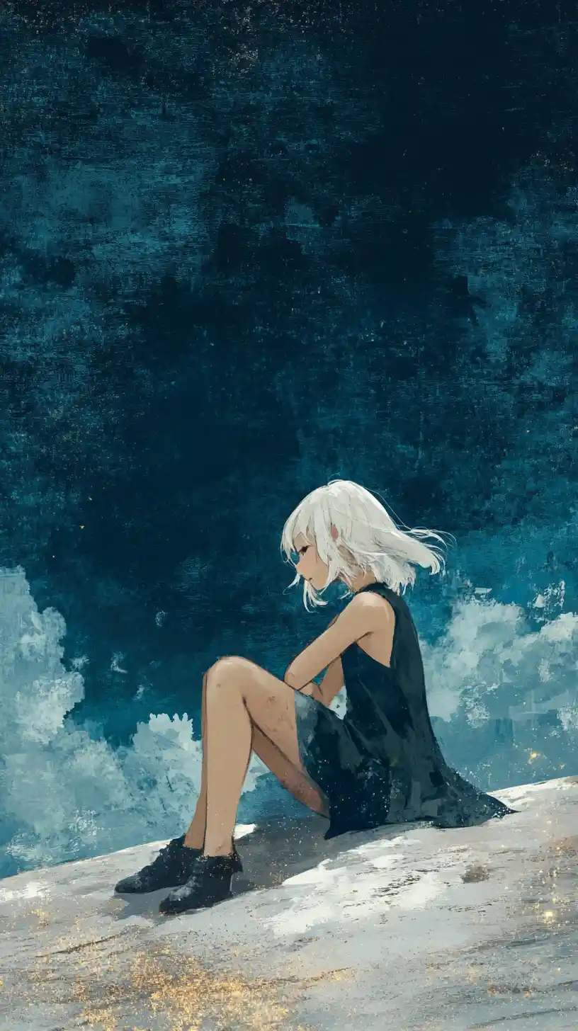 Young girl lying in a stormy desert night scene