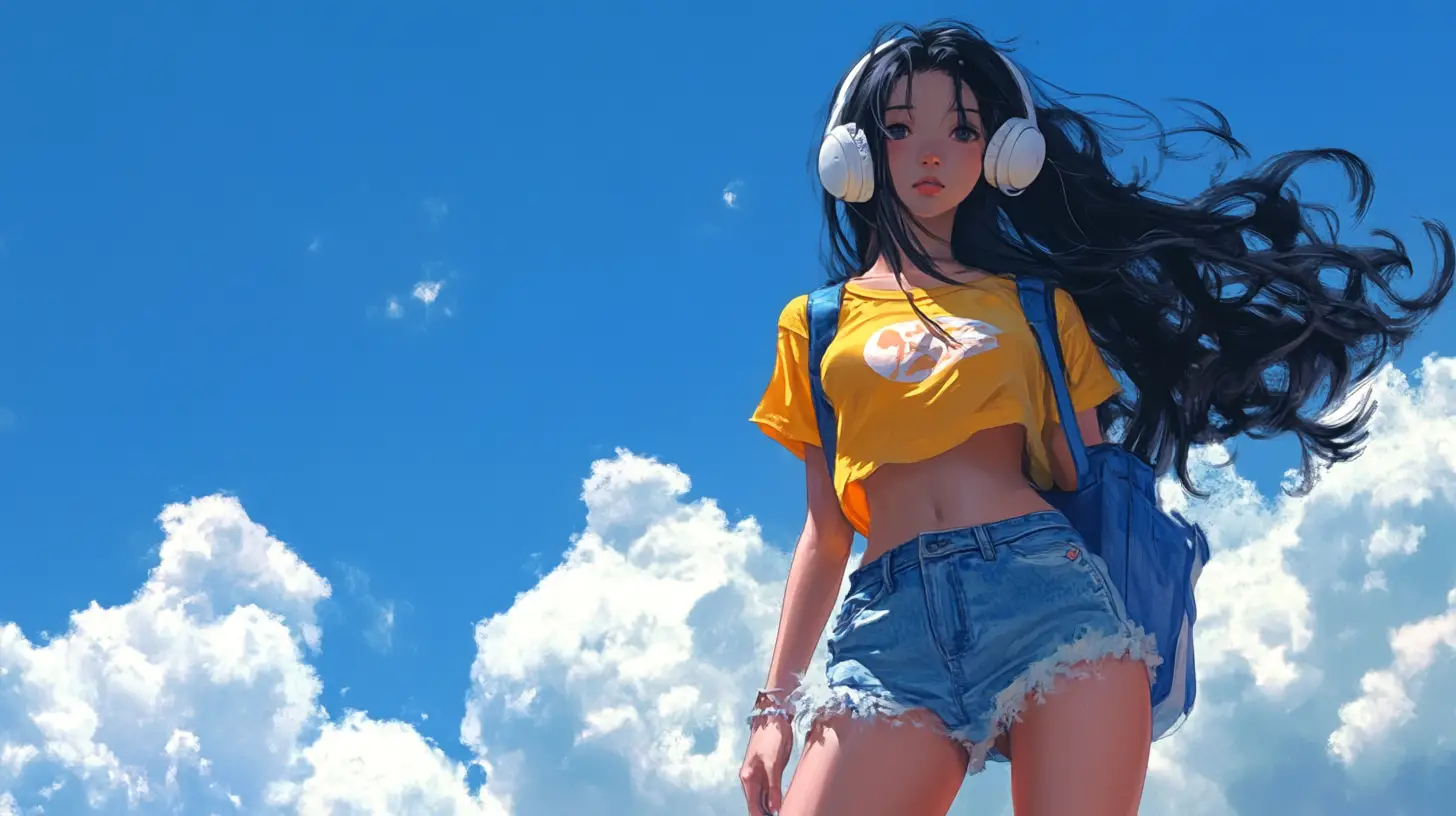 Girl relaxing on a sunny rooftop with headphones